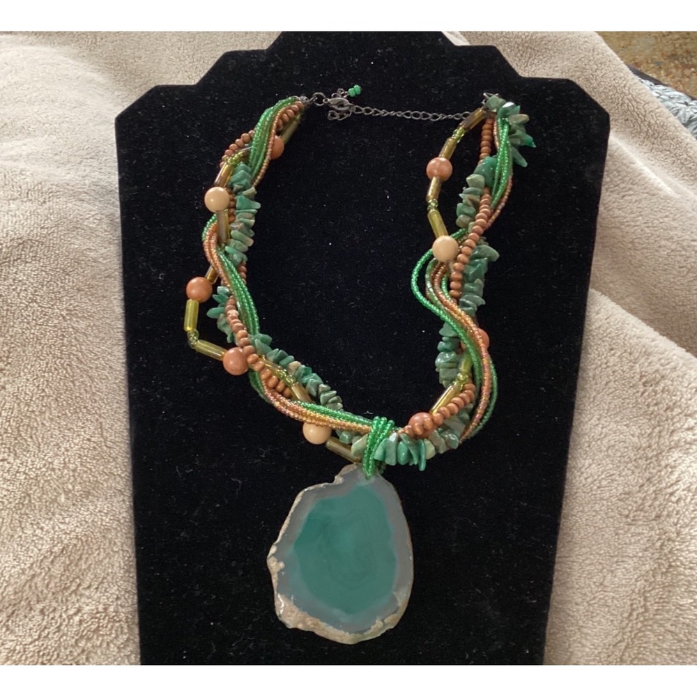 Boho Agate Slice Multi-Strand Statement Necklace Green Wood Bead Artisan